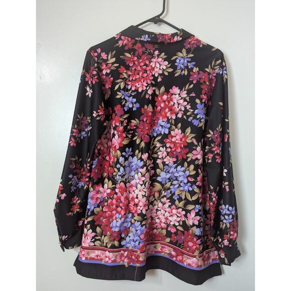 Teddi Of California Vintage Tunic Blouse Black Floral V-neck Size 38* Collared - Picture 10 of 11